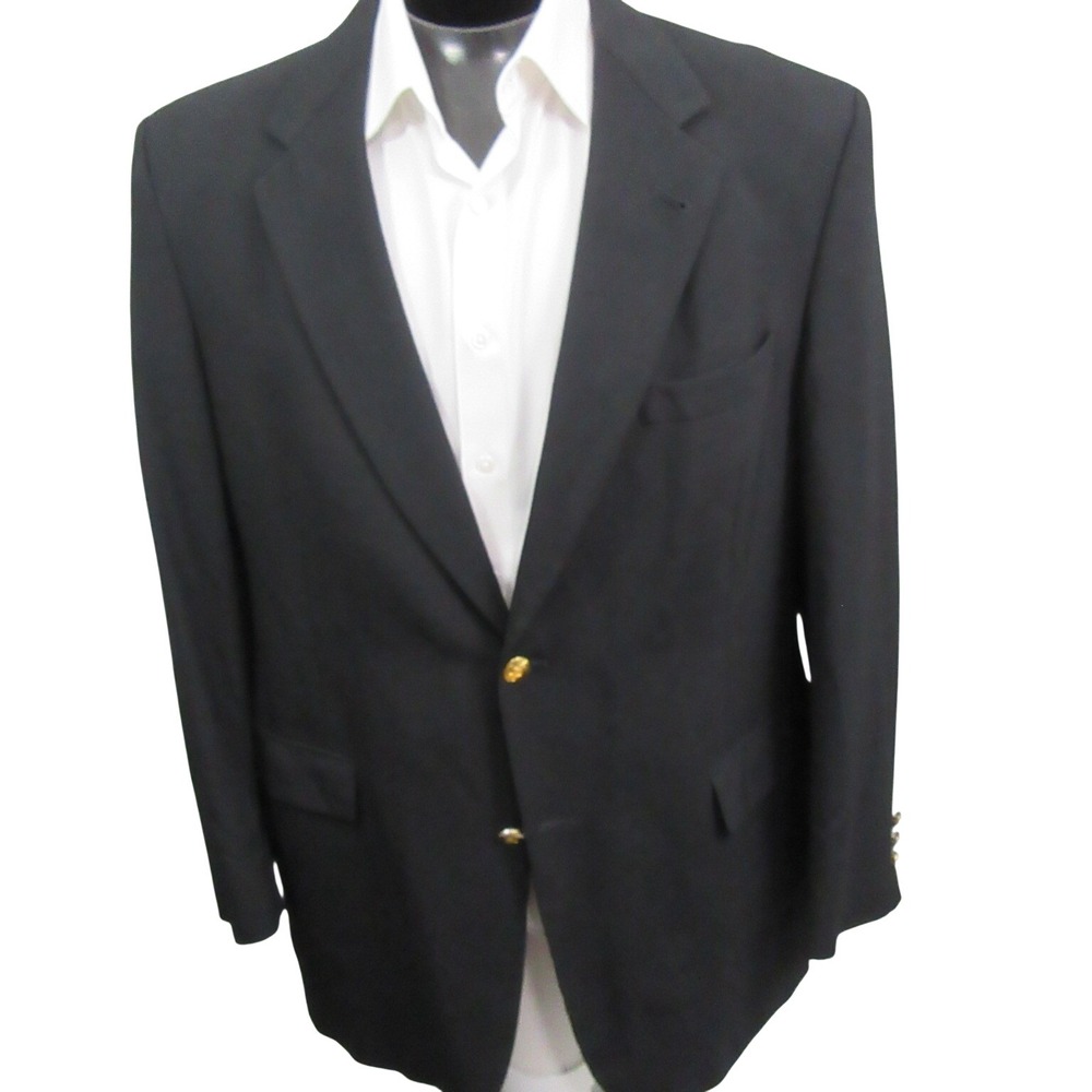 Austin Mens Blazer 44R Solid Black Gold Buttons Pure New Wool Single Vent